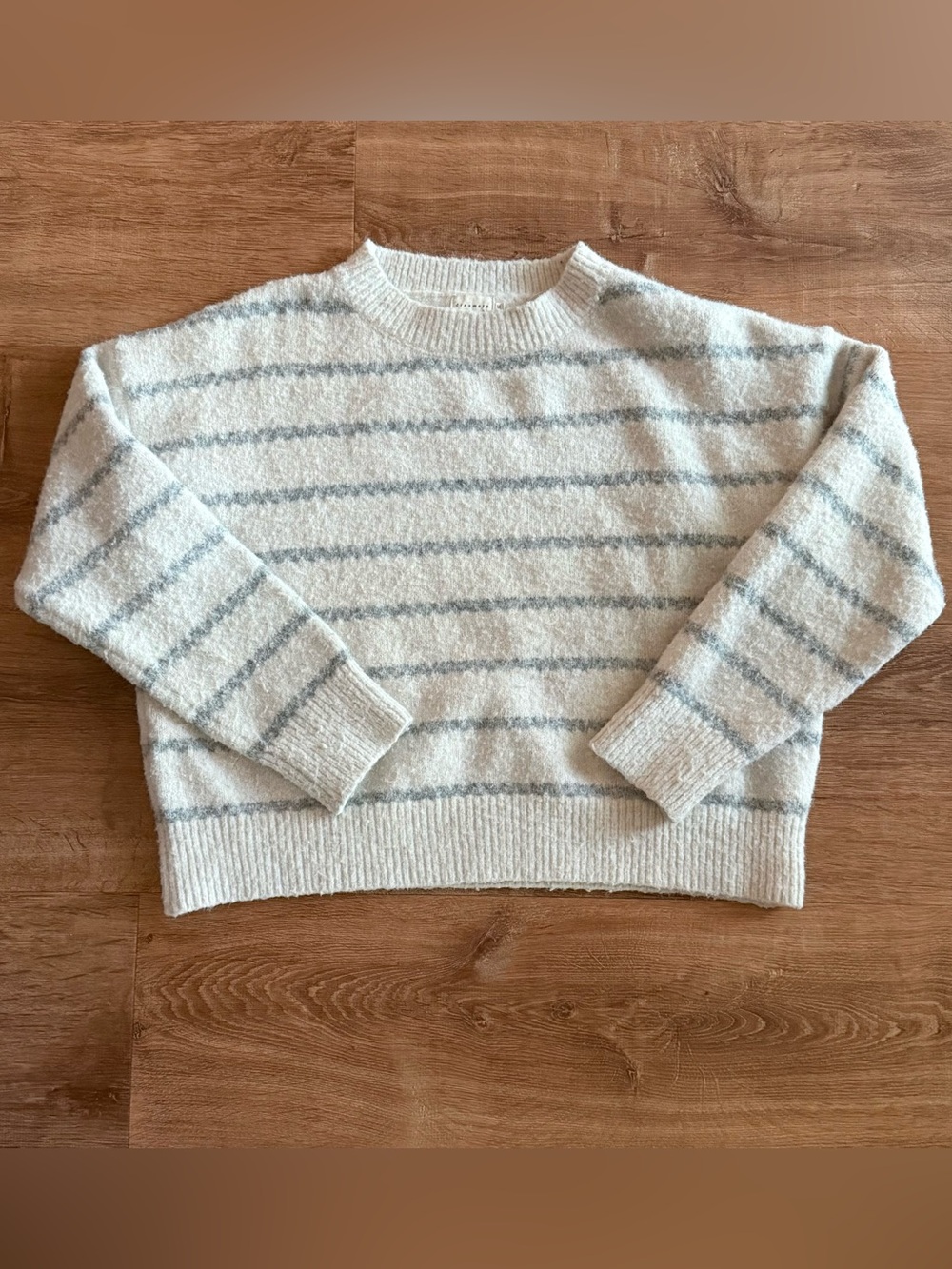 Cream and Light Gray Striped Fuzzy Sweater